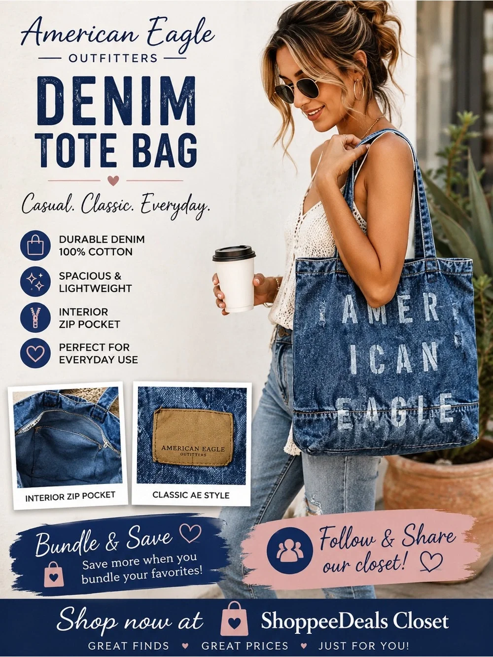 American Eagle Outfitters Distressed Denim Tote Bag – Blue Cotton Shopper
